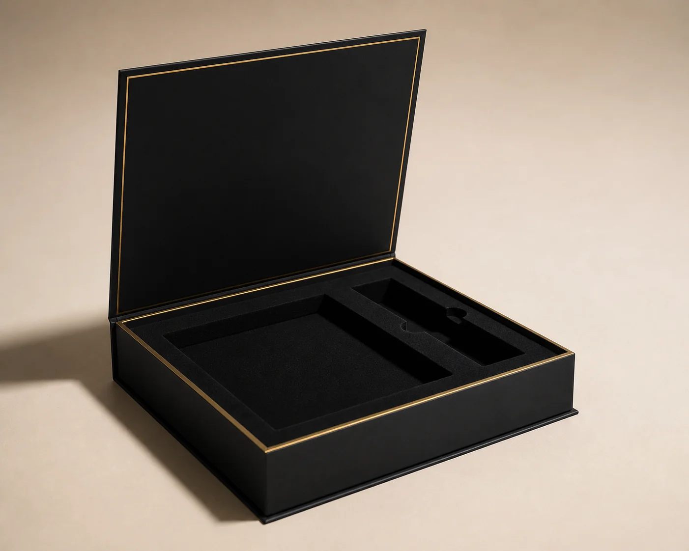 Black magnetic gift box with gold edge detail and a fitted insert