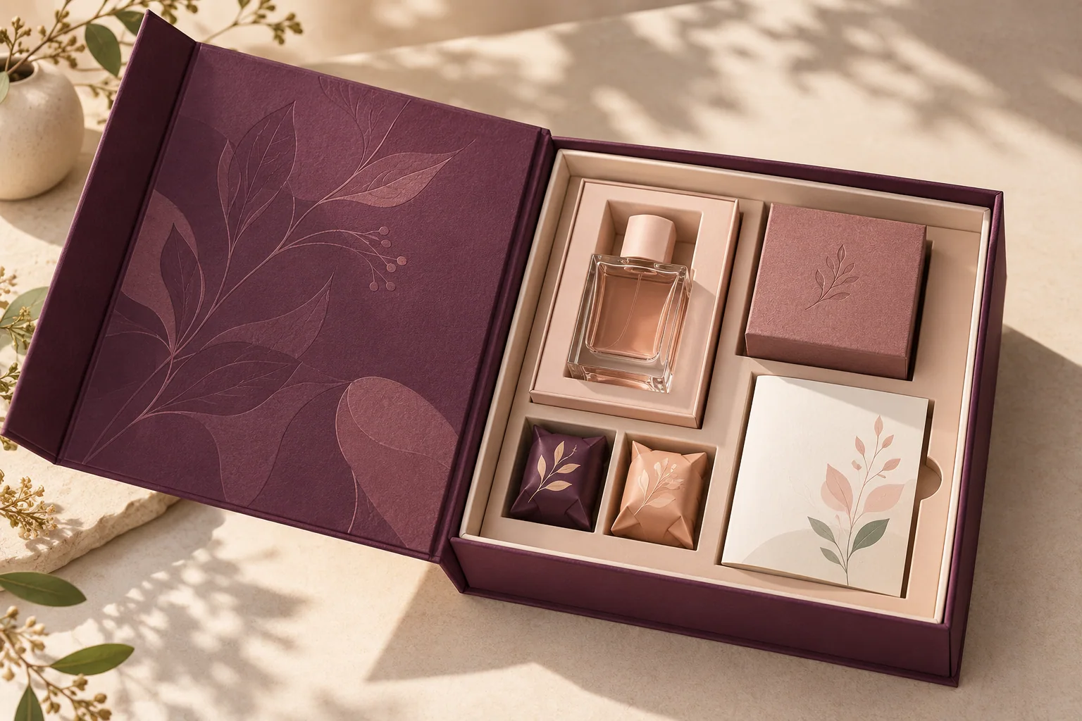 Open plum rigid gift box with a paperboard insert holding individually packaged fragrance, jewelry, chocolates and a blank greeting card