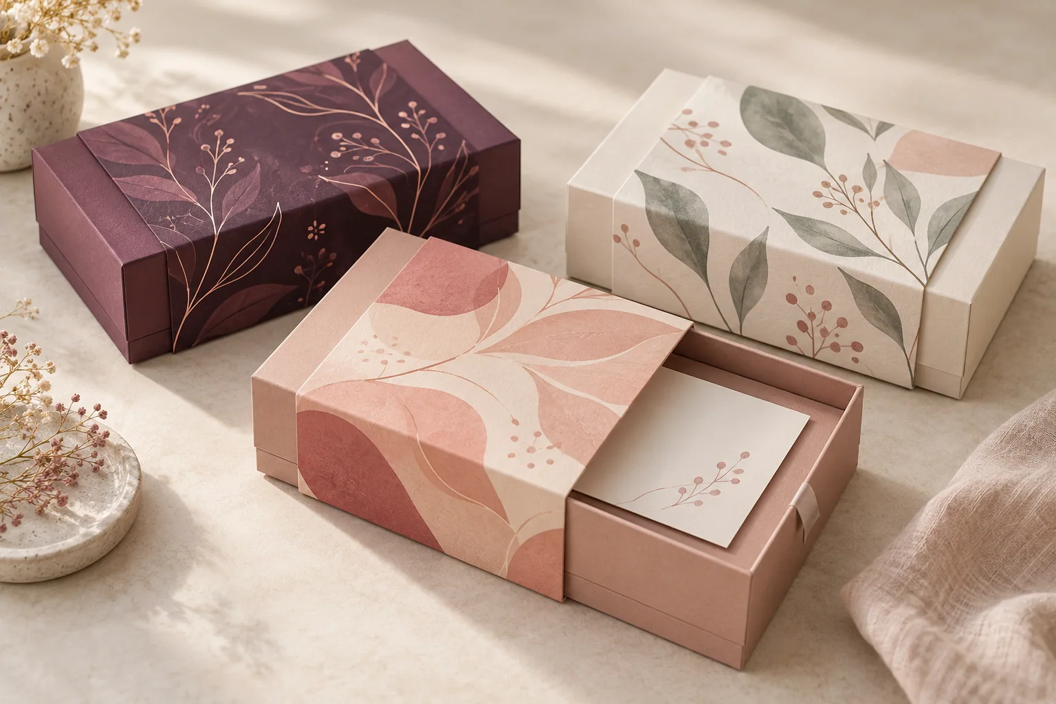 Three coordinated rigid gift boxes using the same structure with different plum, peach and ivory seasonal paper sleeves