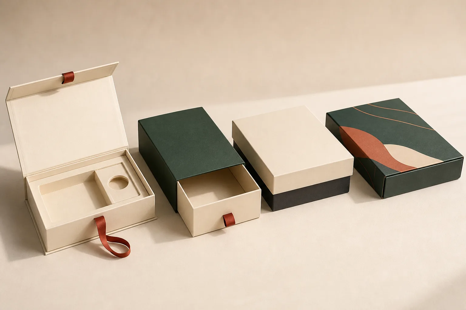 Lineup of magnetic gift box, drawer box, rigid gift box and mailer for corporate gift packaging