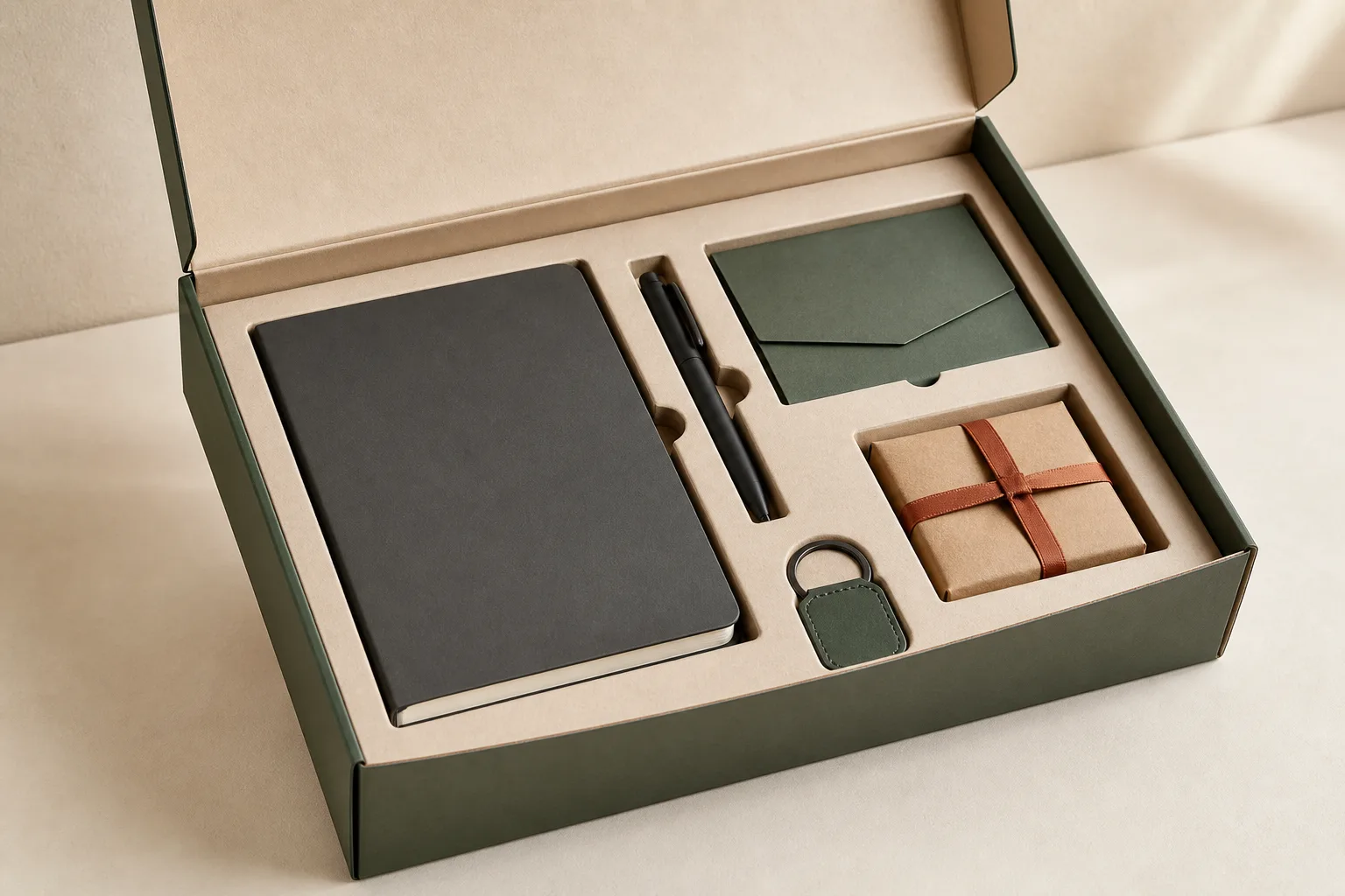 Custom corporate gift box insert organizing a notebook, pen, card and small employee gifts
