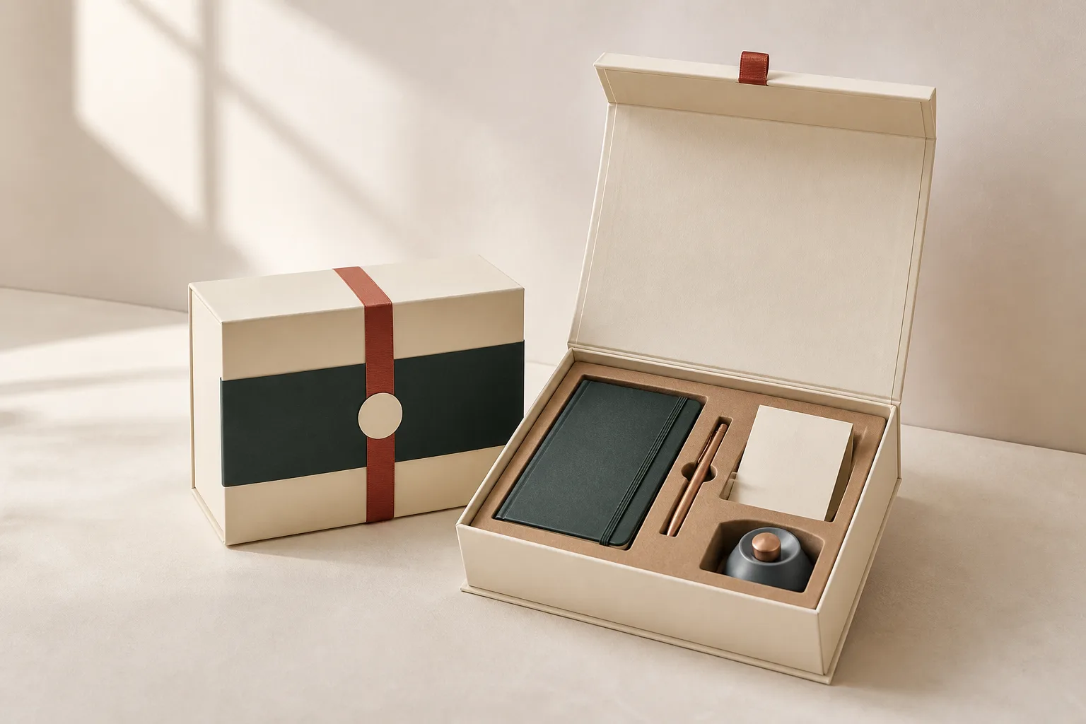 Custom corporate gift packaging boxes with an employee welcome kit, magnetic gift box and paperboard insert