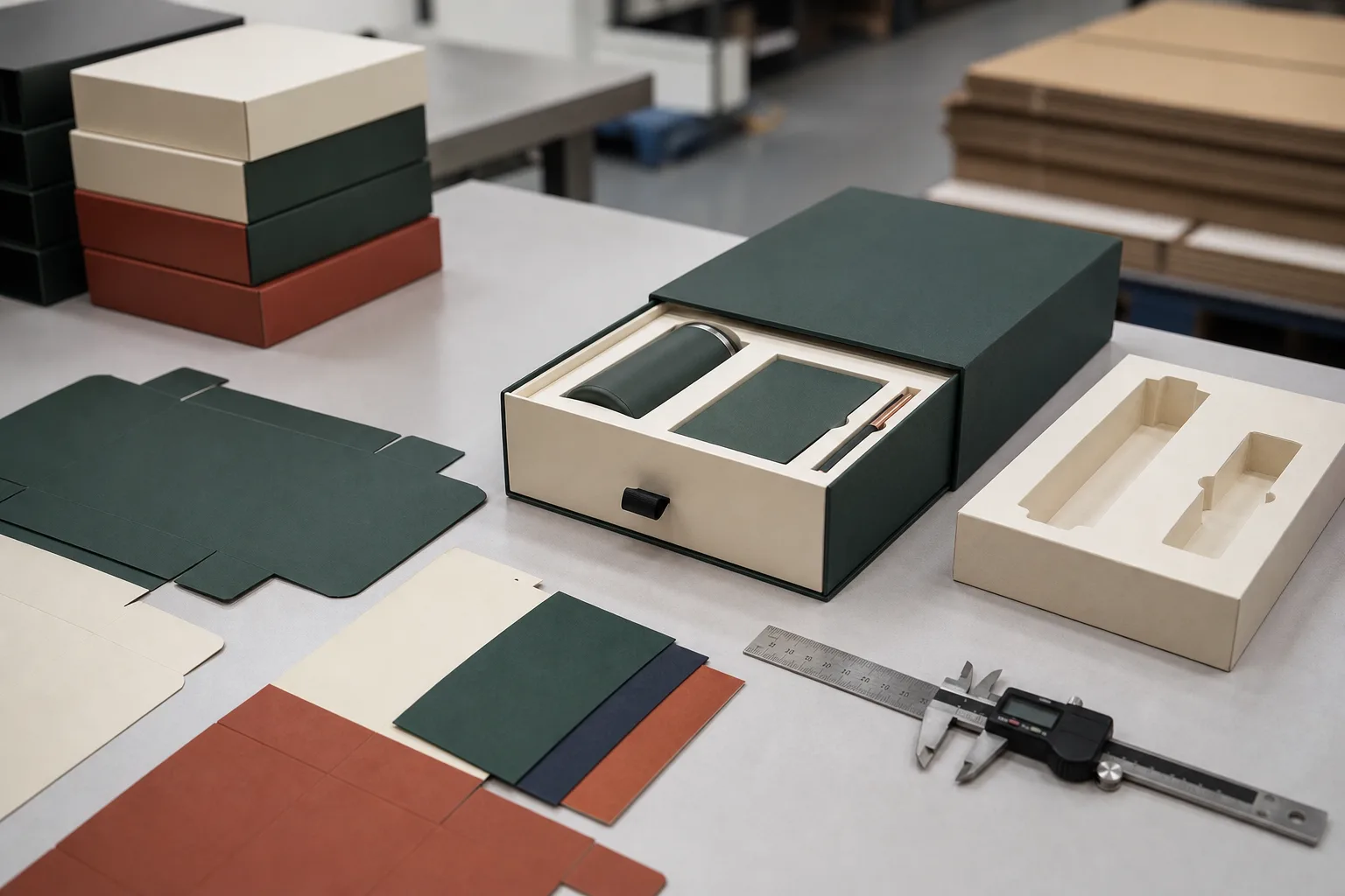 Factory quality control inspection of a custom corporate gift box, paperboard insert and packaging samples