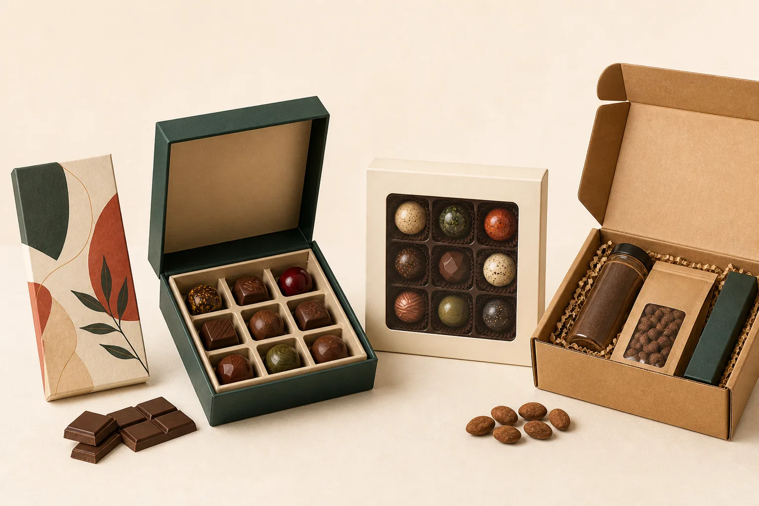 Lineup of folding carton, rigid gift box, window box and kraft mailer for chocolate packaging