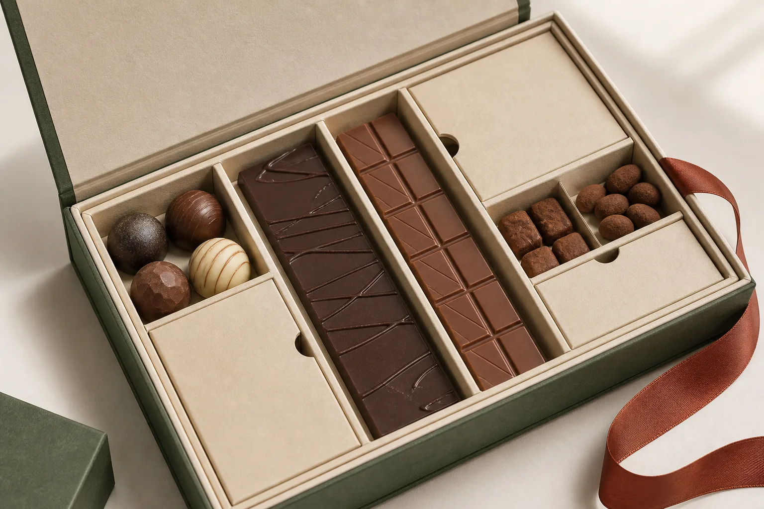 Paperboard chocolate box insert holding bonbons, chocolate bars and confectionery pieces