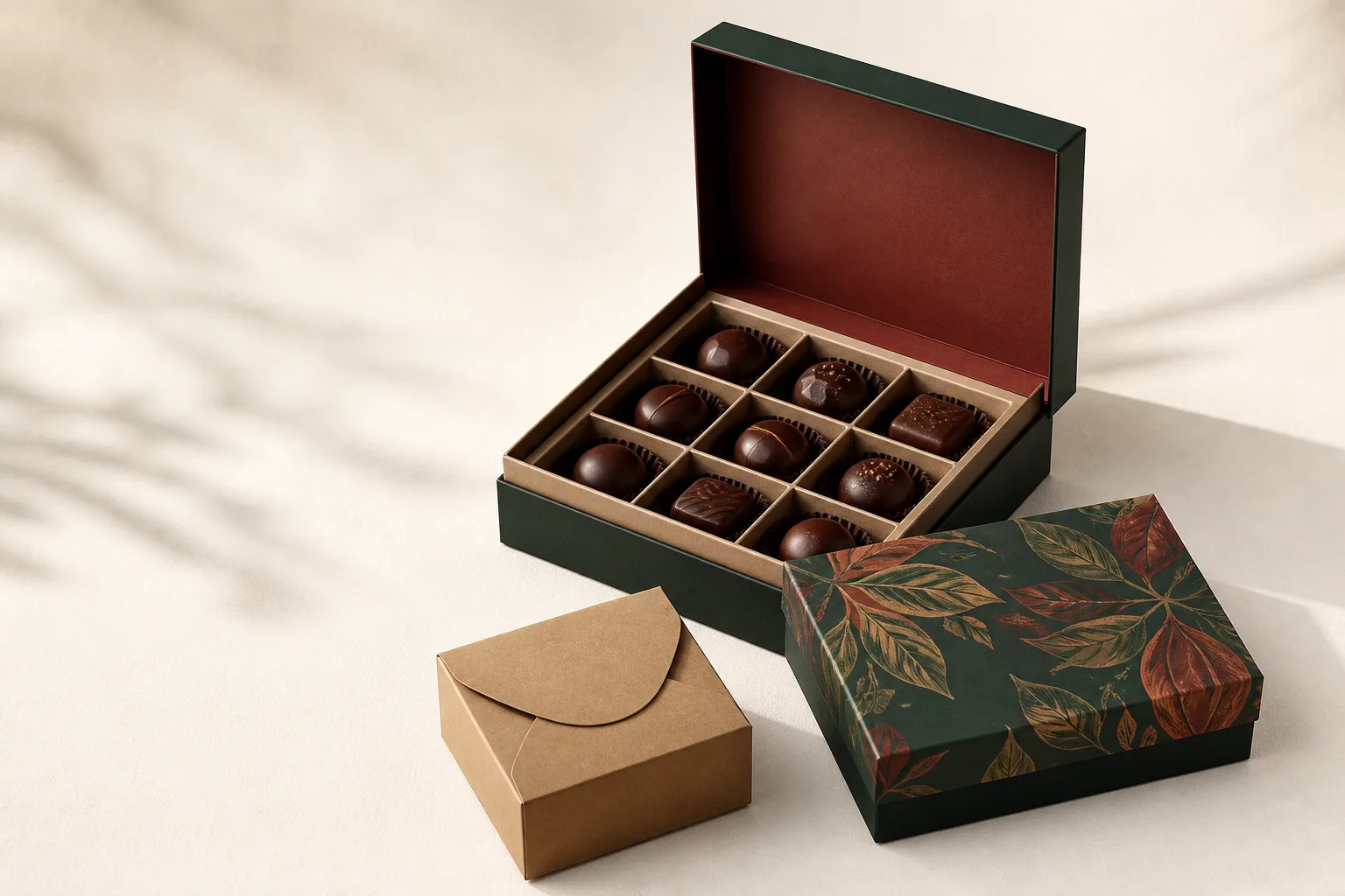 Custom food and chocolate packaging boxes with bonbons, a rigid gift box and a kraft carton