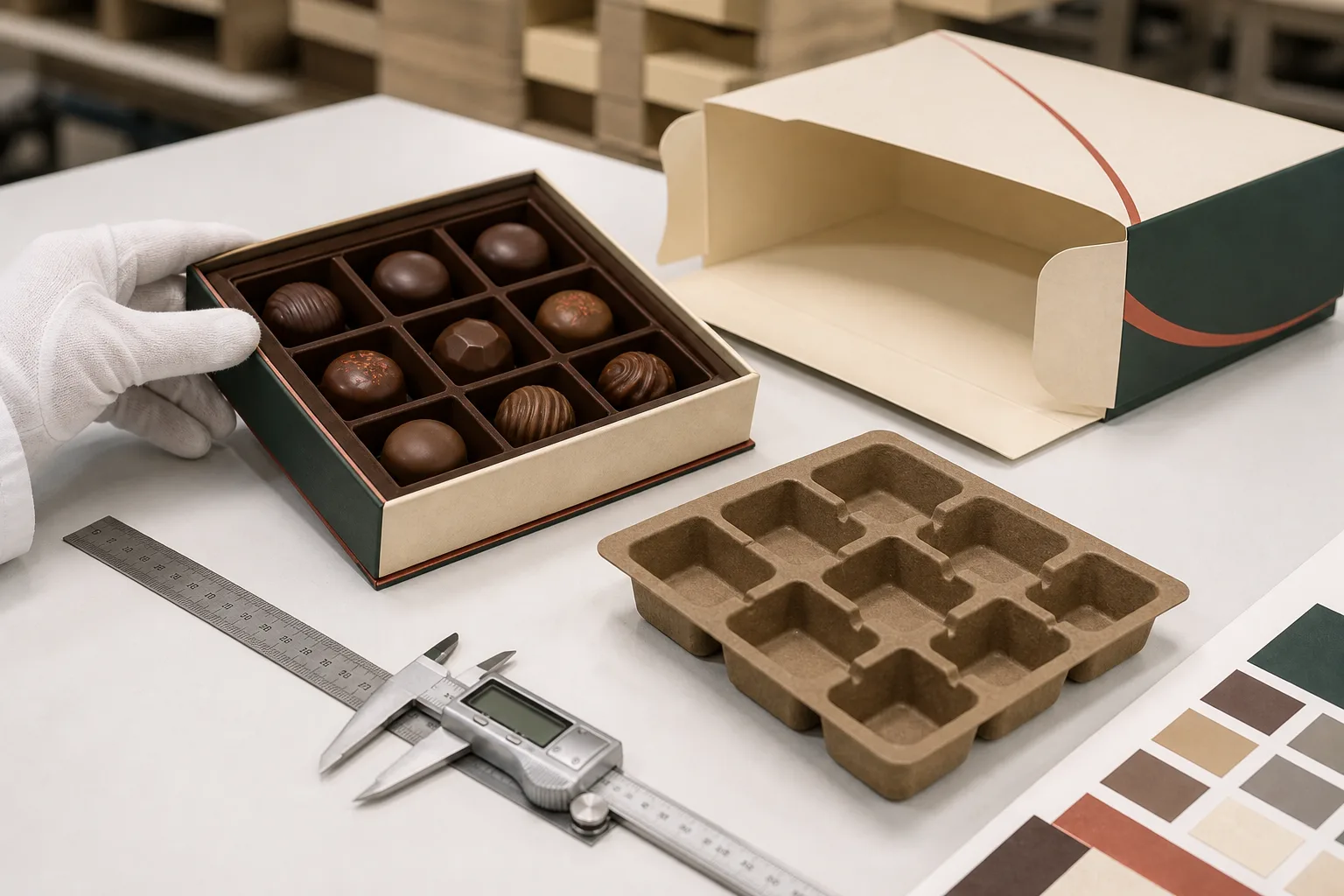 Factory quality control inspection of a chocolate gift box, paperboard insert and food packaging samples