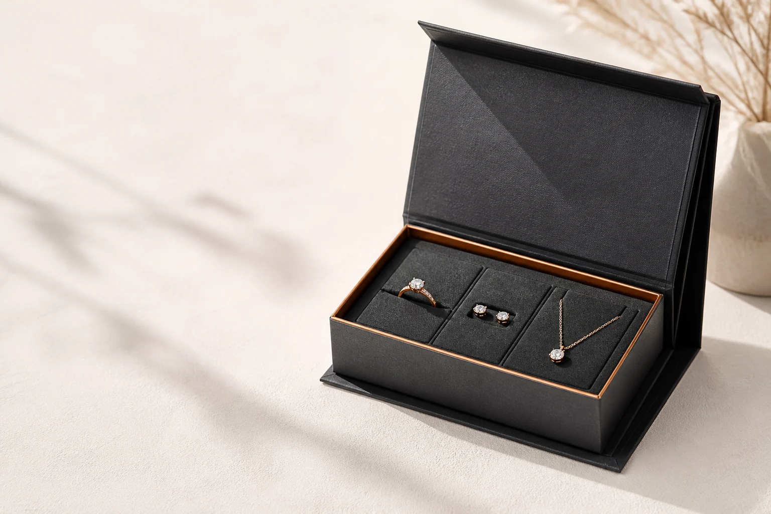 Custom magnetic jewelry packaging box with ring, earrings and necklace inserts