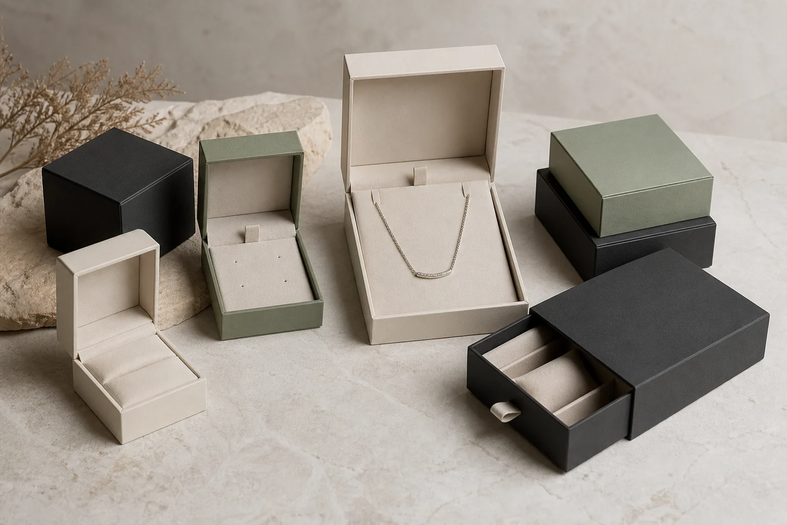 Lineup of custom ring, earring, necklace and bracelet jewelry packaging boxes
