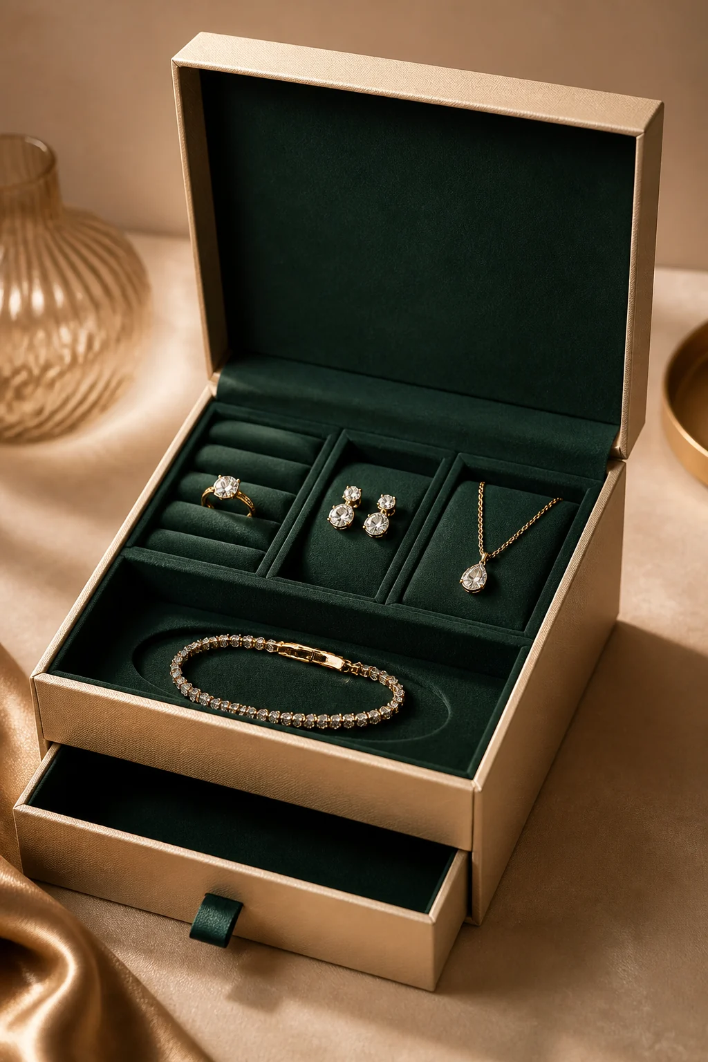 Custom drawer jewelry box with velvet insert for ring, earrings, necklace and bracelet