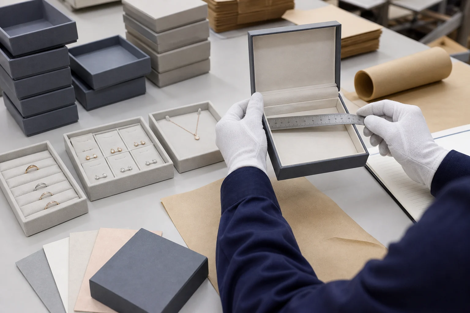 Factory quality control inspection of a custom jewelry packaging box and insert