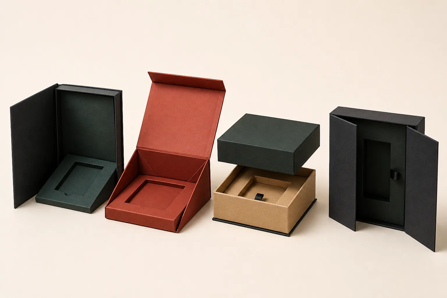 Comparison of book-style, foldable, lift-off and double-door magnetic gift box formats