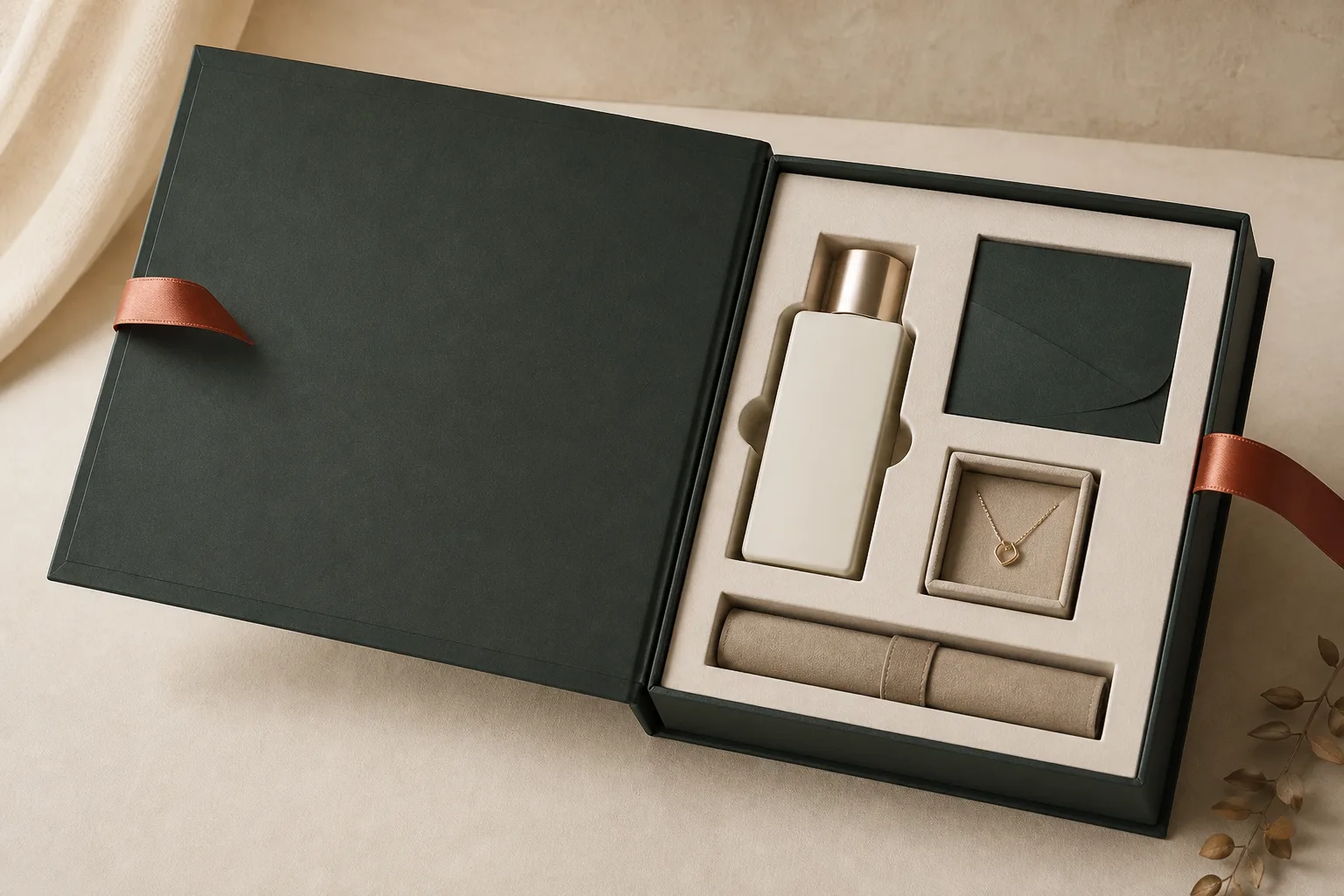 Custom magnetic gift box insert organizing a bottle, jewelry tray, card and accessory