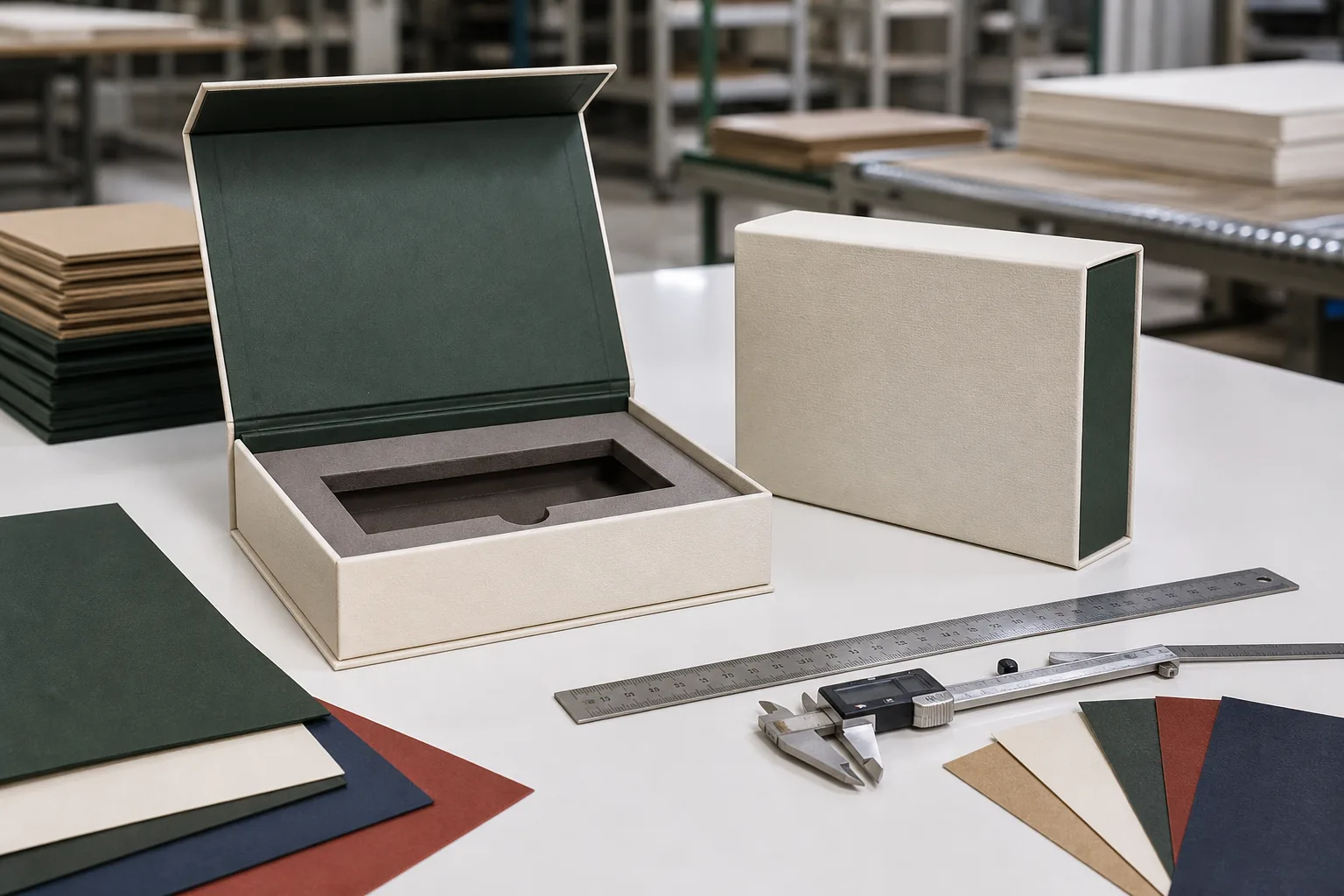Factory quality control inspection of a custom magnetic gift box, insert and paper wrap samples