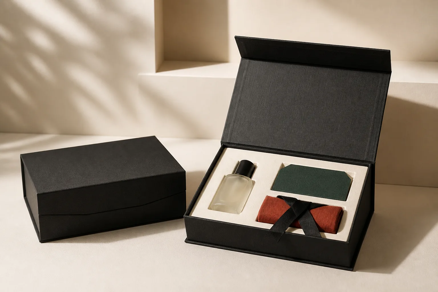 Custom magnetic gift box opened beside a closed rigid box with a fitted paperboard insert