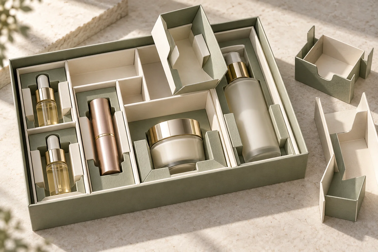 Close-up of custom folded paperboard dividers separating different-sized skincare bottles, jars and beauty minis inside an Advent calendar tray