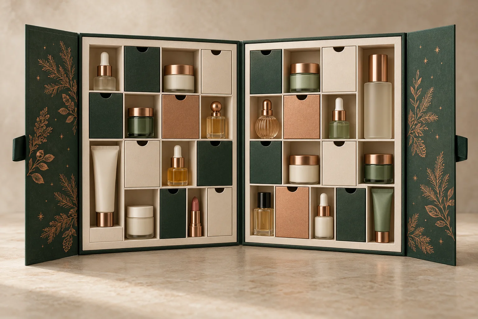 Open book-style beauty Advent calendar gift box with varied paperboard compartments holding skincare, makeup and fragrance minis