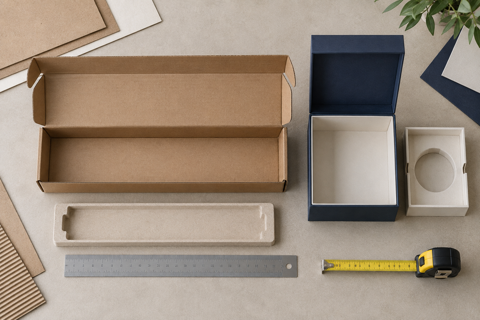 Original concept comparing a shallow mailer box and a taller rigid gift box with ruler and tape measure