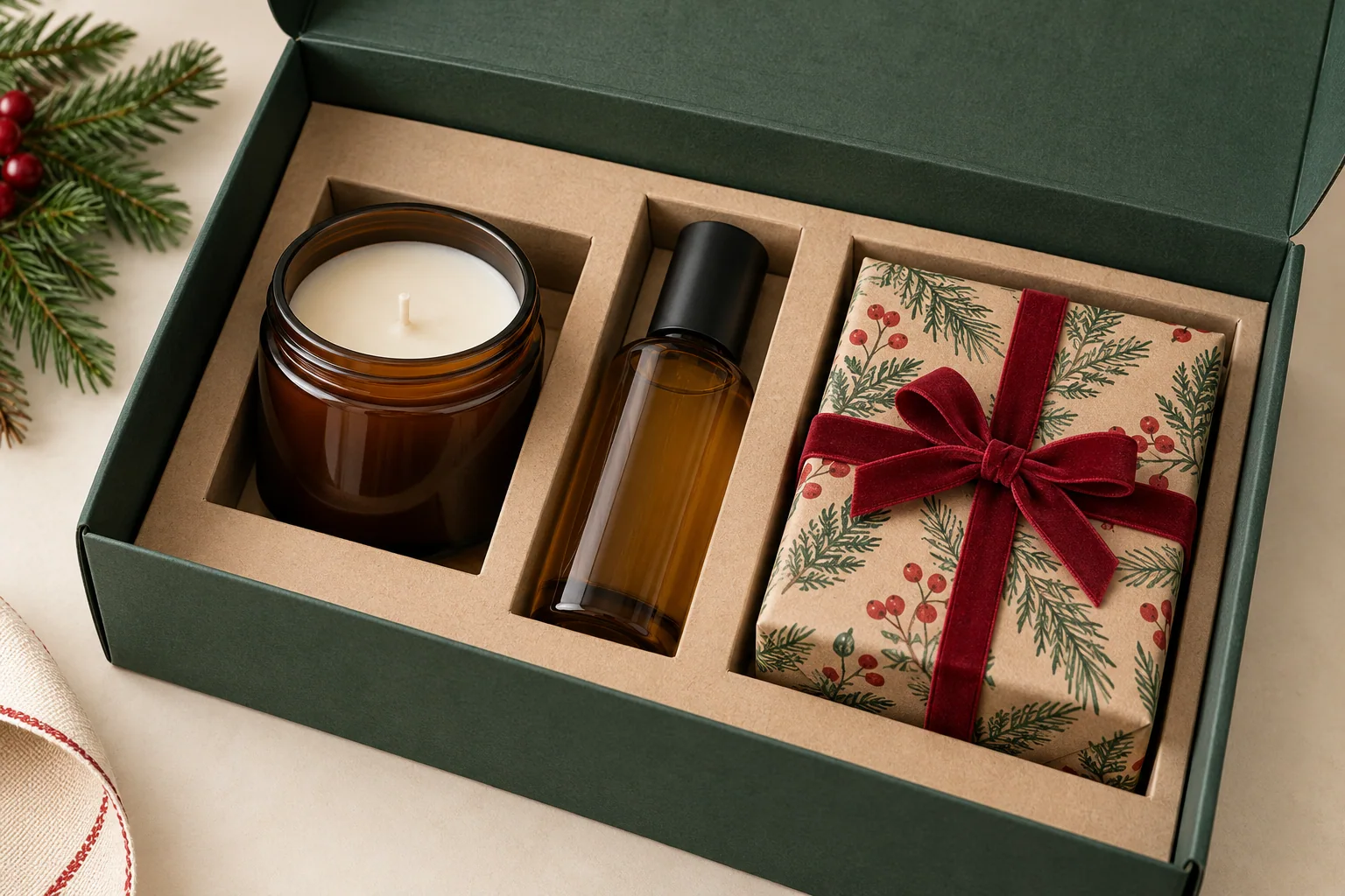Fitted paperboard insert holding a candle and skincare products securely inside a Christmas gift box