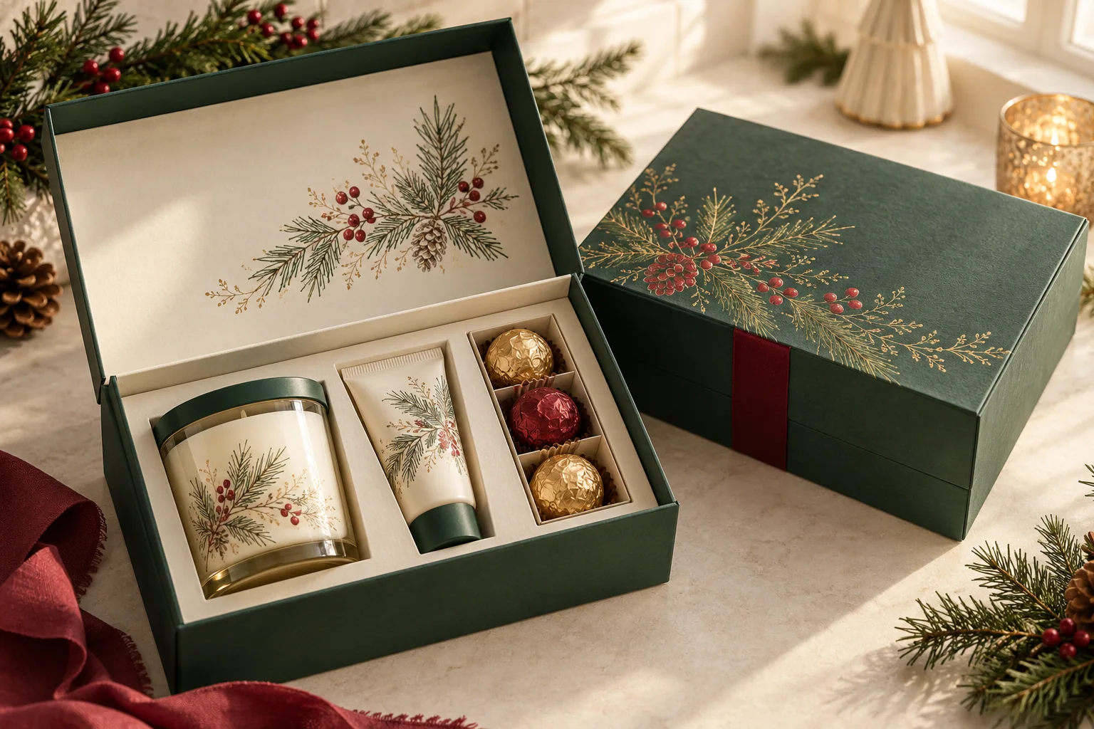 Christmas gift box packaging in forest green paperboard with seasonal botanical artwork and a fitted insert for a candle, skincare and chocolates