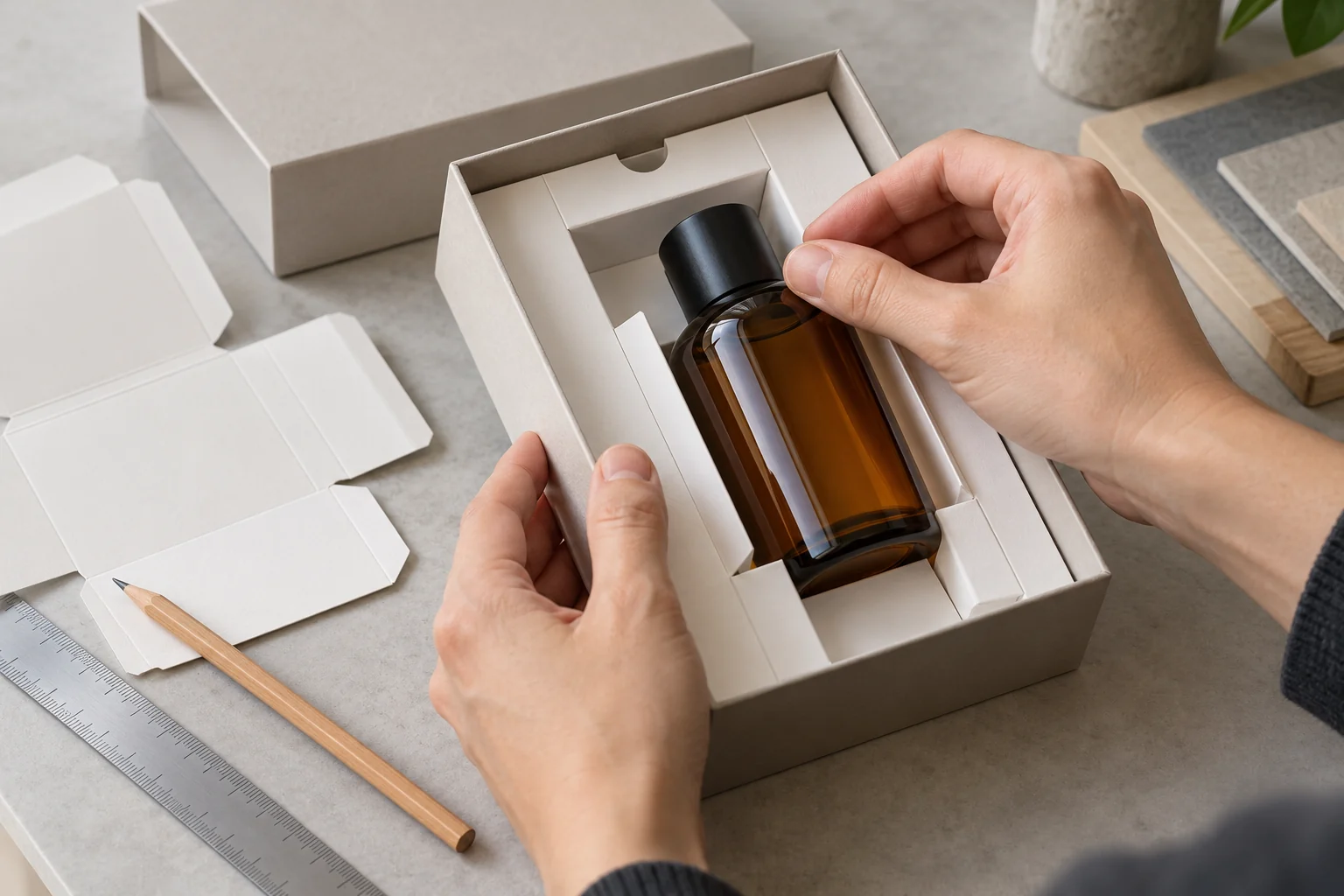Hands checking an amber bottle fit and finger clearance in a folded paperboard gift box insert
