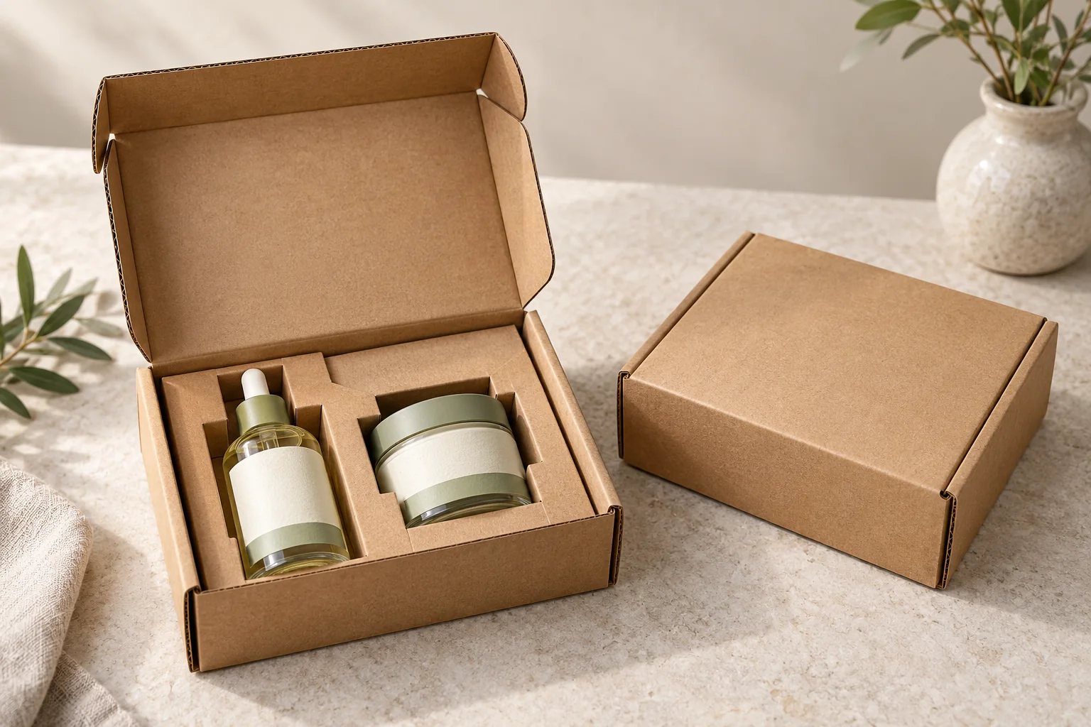 Right-sized corrugated e-commerce mailer with a fitted paperboard insert holding skincare products
