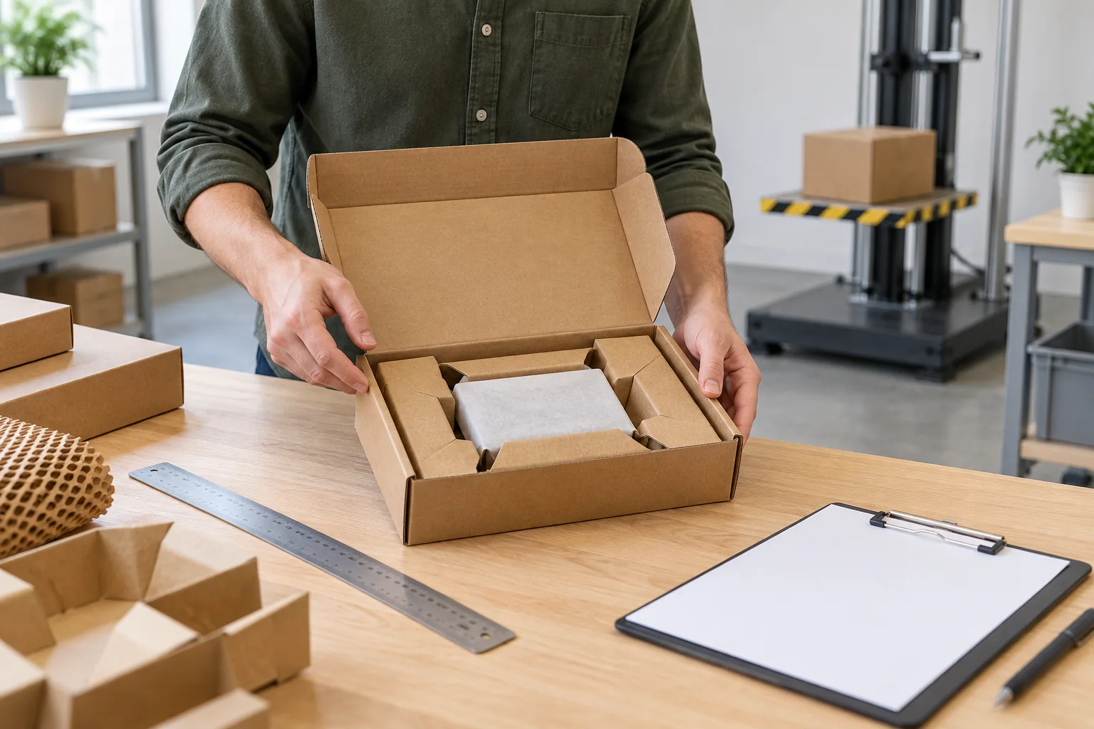 Packaging engineer checking the fit of a paper insert in a mailer box before shipment testing
