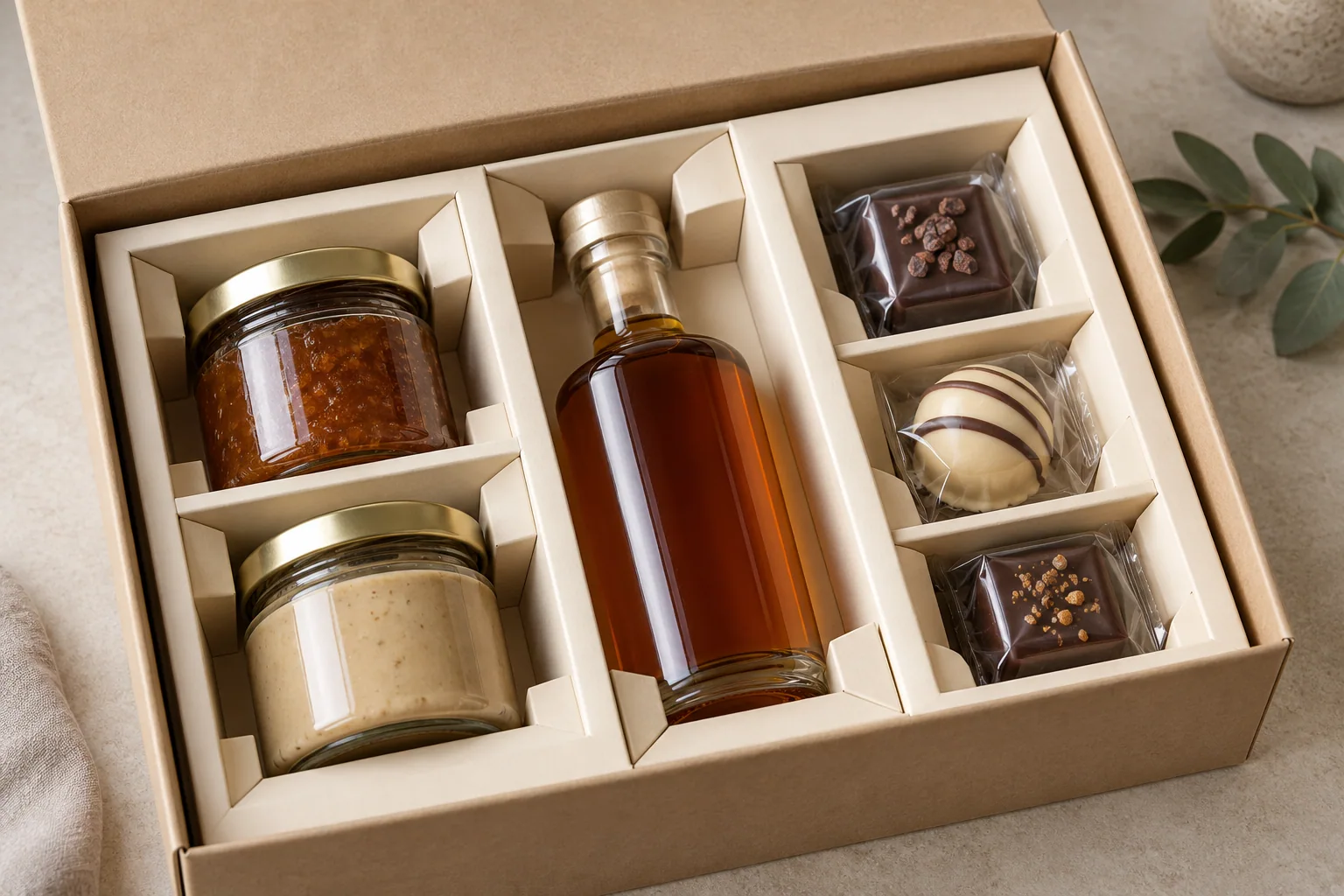 Close-up of a natural paperboard insert dividing sealed glass jars, a bottle and wrapped chocolates inside a gourmet gift box