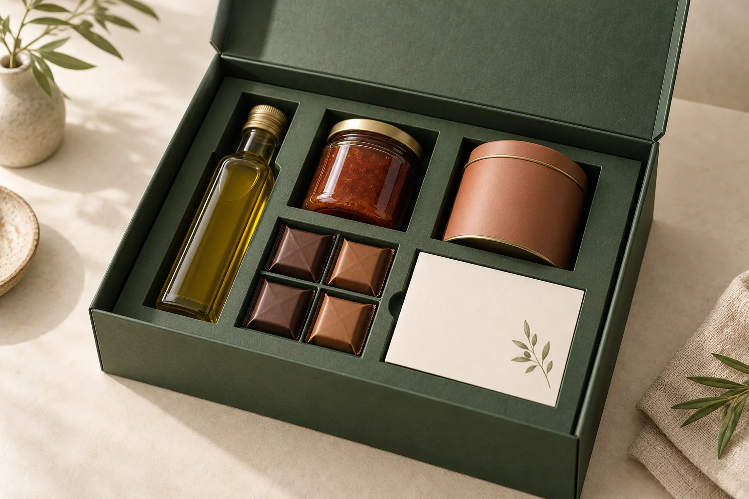 Open forest-green rigid food gift box with a fitted paperboard insert holding a sealed oil bottle, preserve jar, tea tin, wrapped chocolates and a greeting card