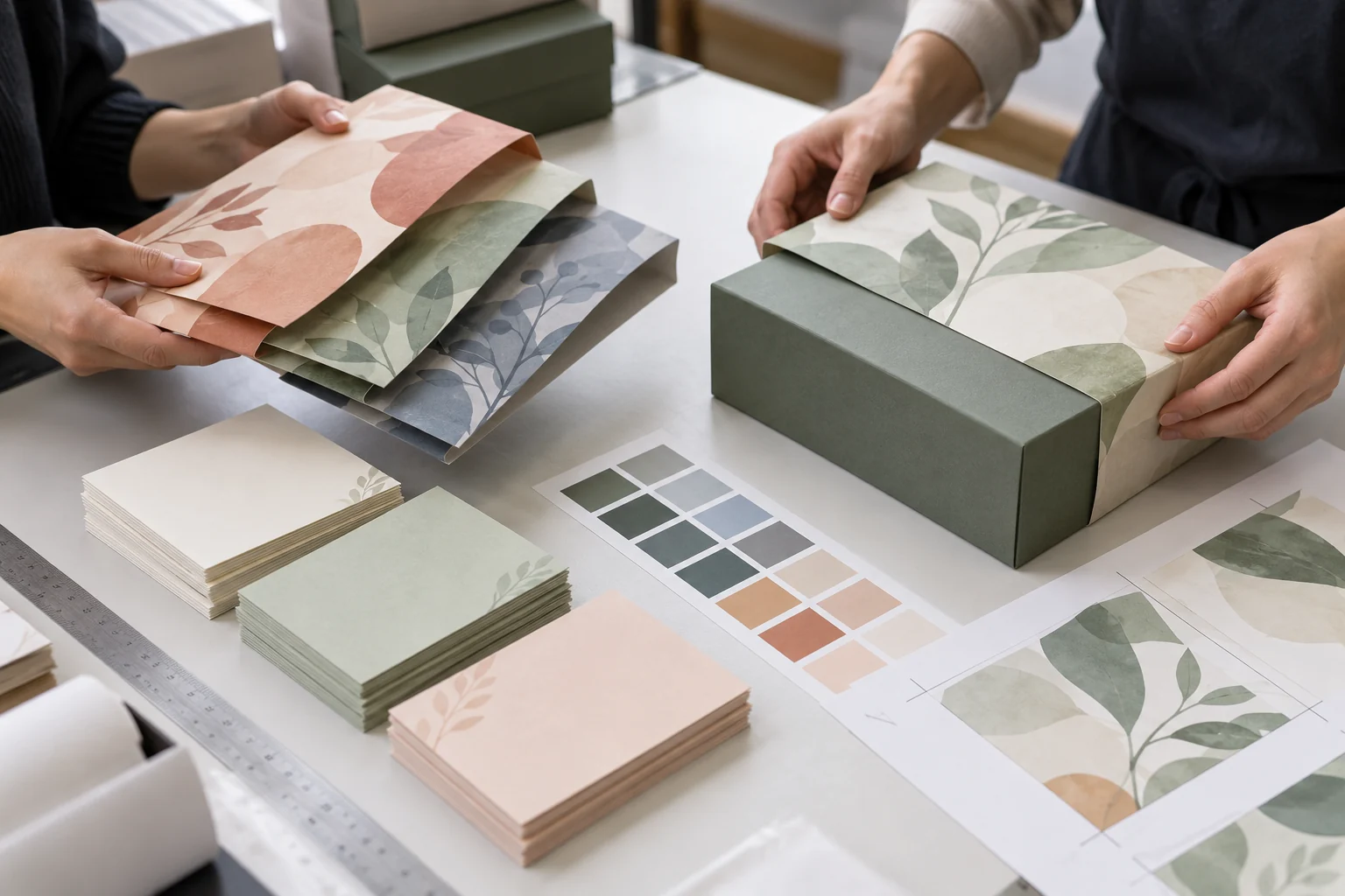 Packaging team checking a gift box sleeve and message card against print proofs before kitting