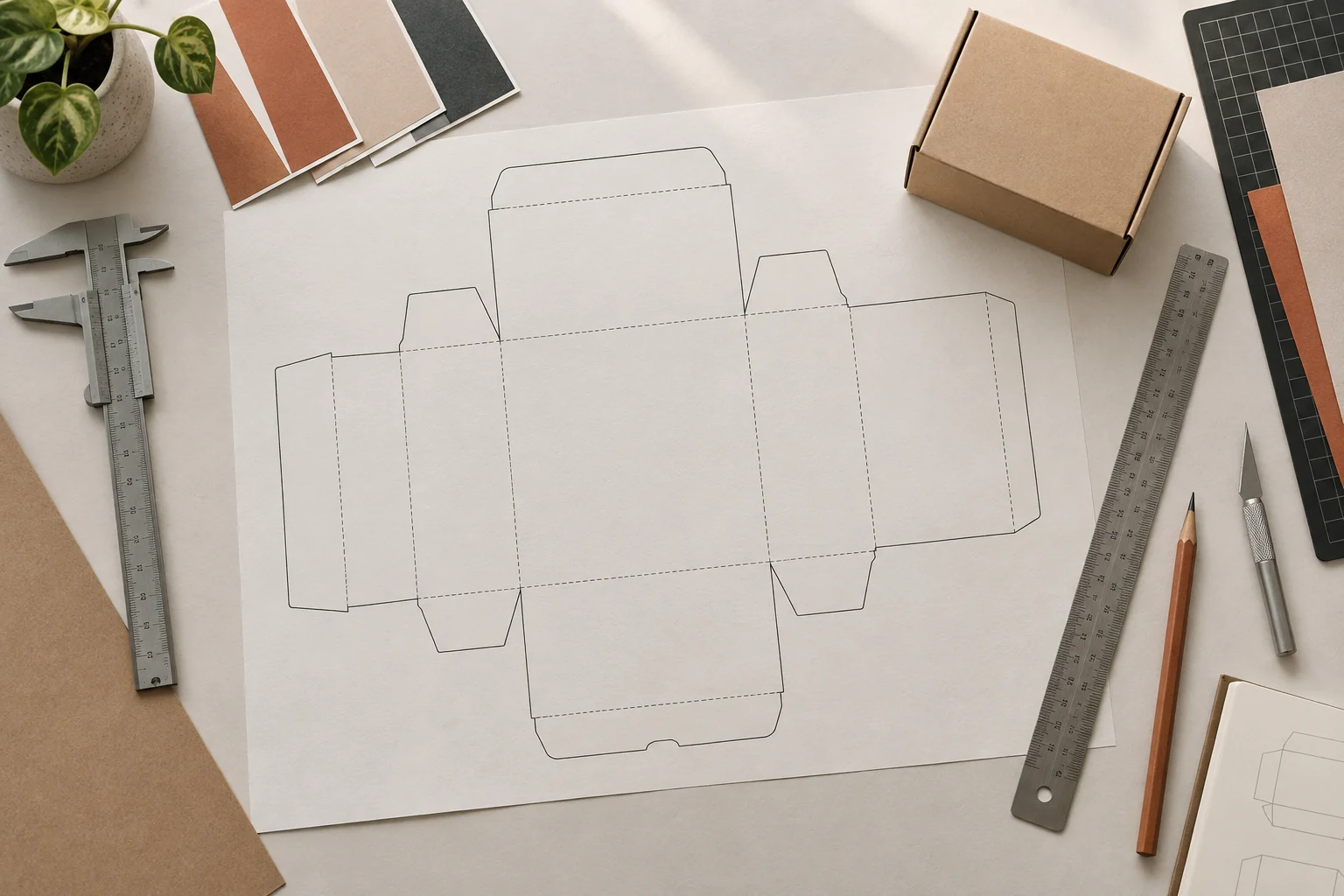 Paper box dieline with cut lines, crease lines, ruler, caliper and cutting tools