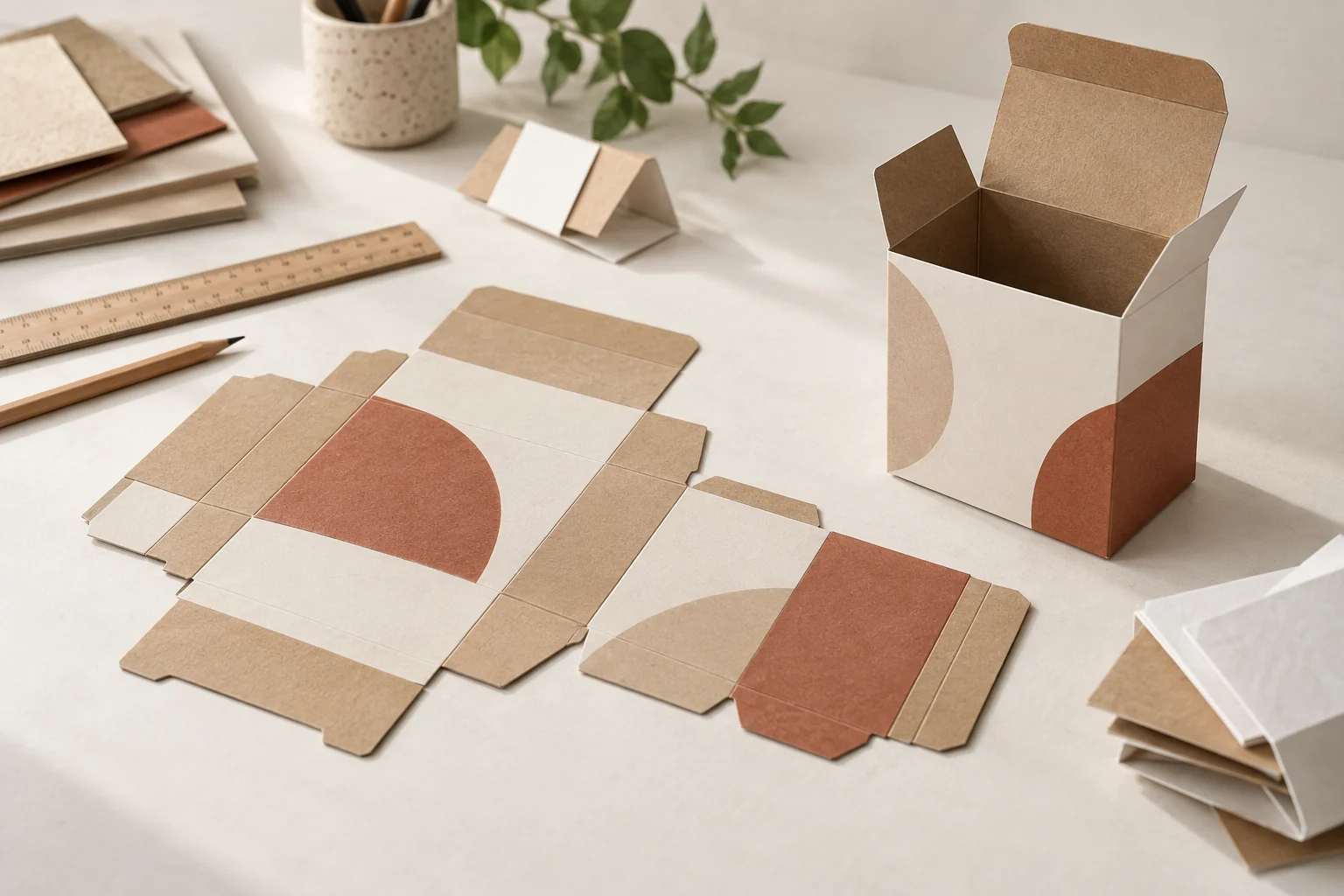 Paper box making process with a printed folding carton, flat dieline and measuring tools