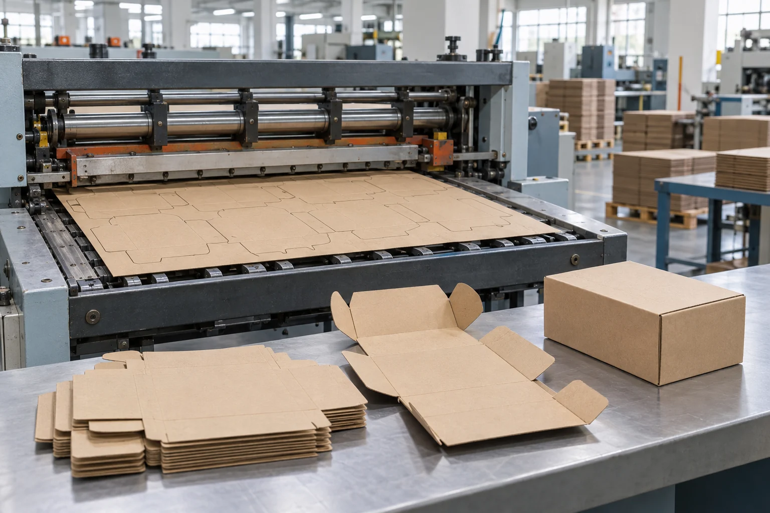 Paper box manufacturing line showing die-cut sheets, flat blanks and folded cartons