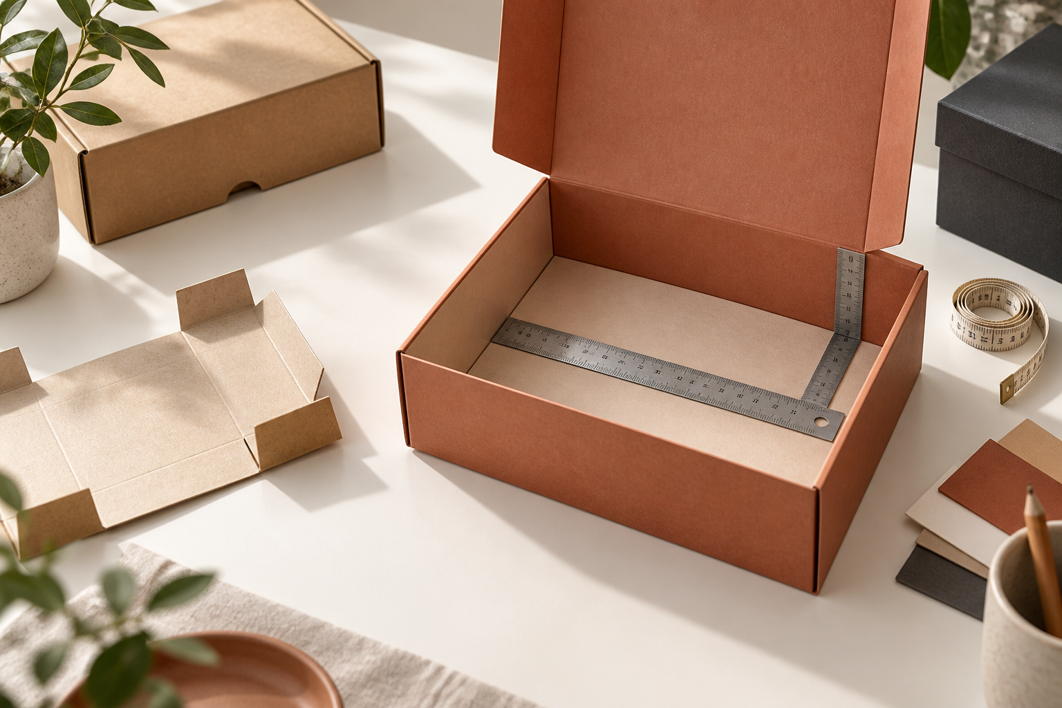 Original concept of measuring the internal dimensions of an open paper box with a steel ruler