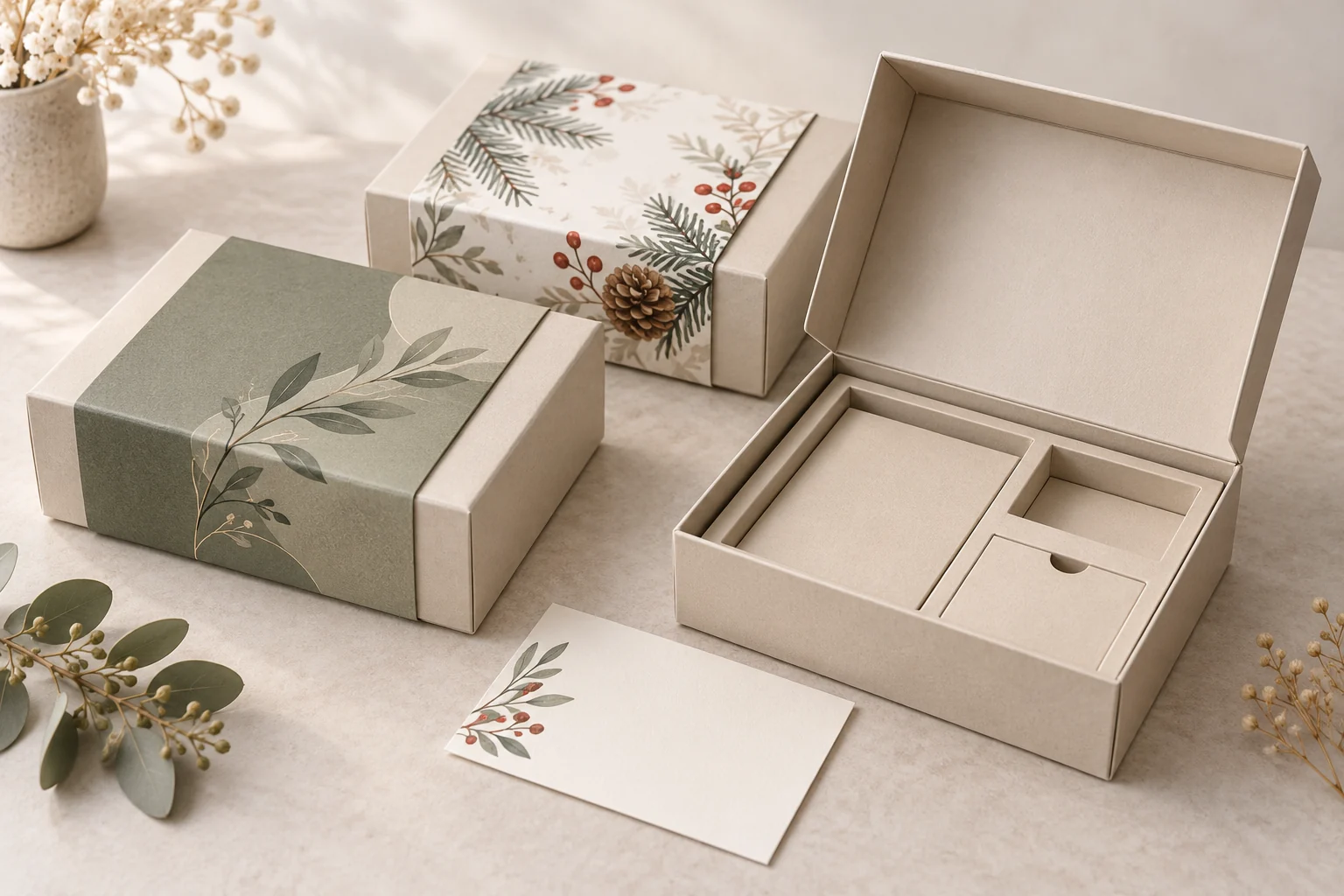 Three gift boxes using the same structure with different seasonal paper sleeves and a coordinated message card