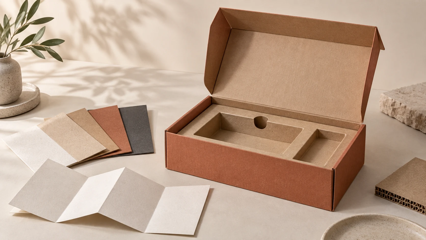 Original concept of an open paperboard packaging box with a fitted paper insert, material swatches and a specification sheet for PPWR packaging review