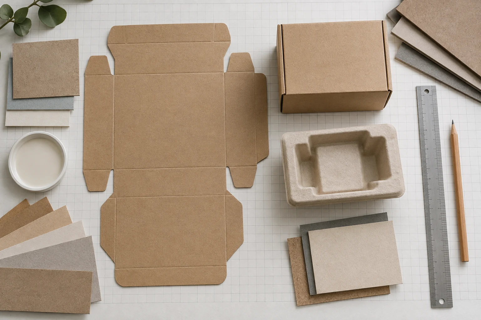 Original concept showing a paperboard dieline, folded carton, molded paper insert, material samples and ruler during a packaging compliance review