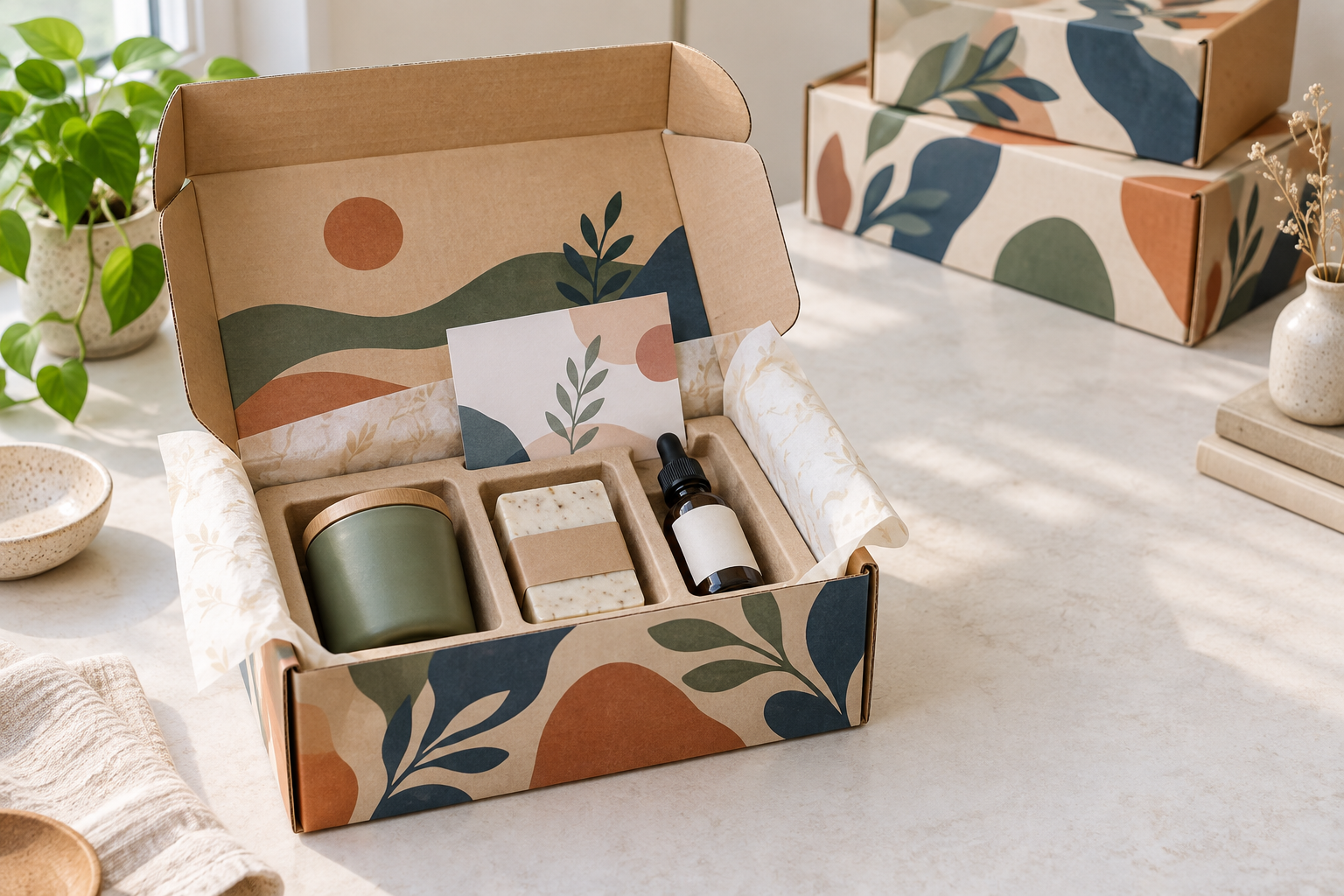 Original concept of a custom subscription mailer box with organized products and paper inserts