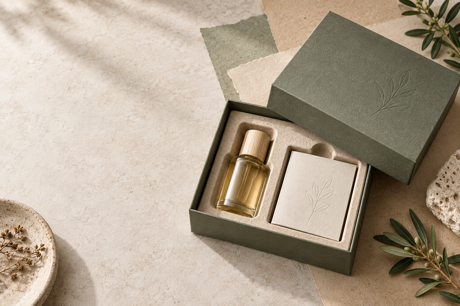 Original concept of sustainable luxury packaging with a paper-based rigid gift box and molded paper insert