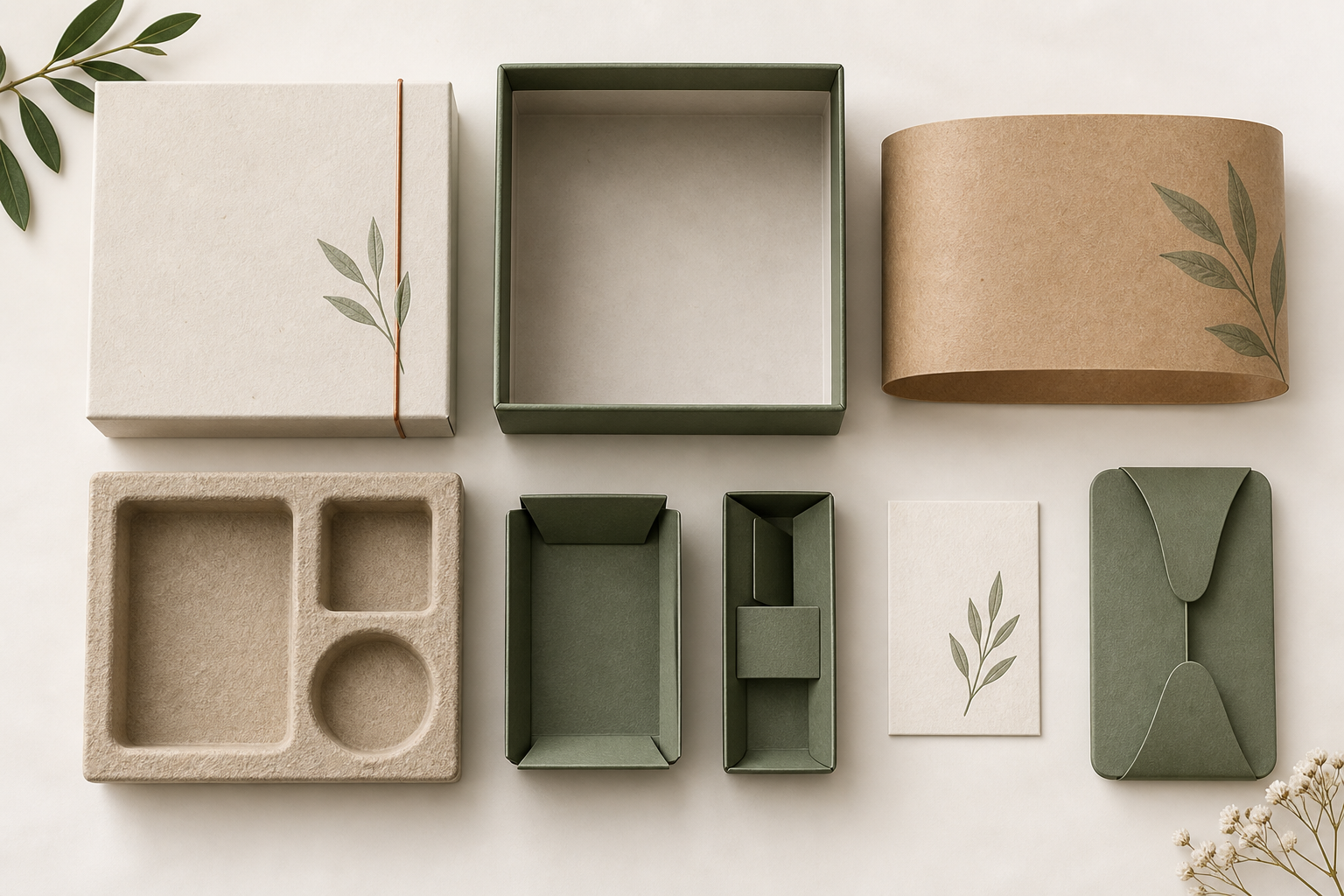 Original concept showing separated paper-based luxury packaging components and a molded fiber insert