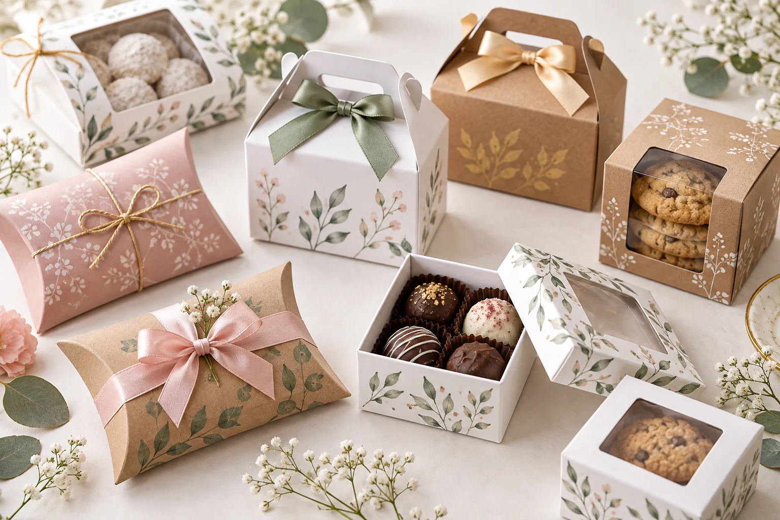 Original concept of small gable, pillow and window thank you favor boxes