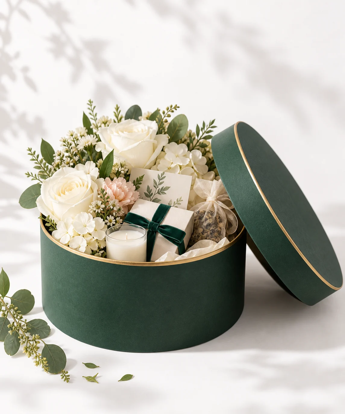 Original concept of a round floral thank you gift box with flowers and a candle