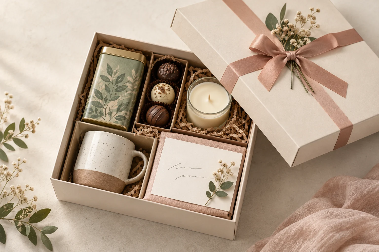 Original concept of a little thank you gift box with tea, candle, chocolates and a handwritten card