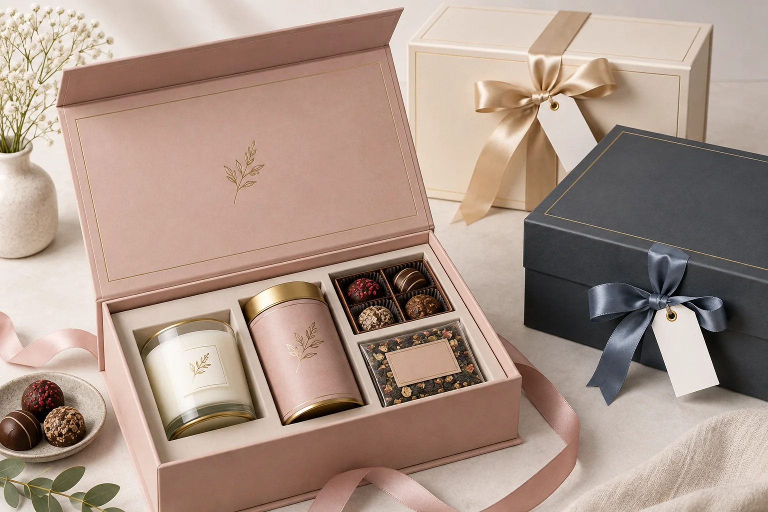 Original concept of a personalized magnetic employee appreciation gift box with fitted inserts