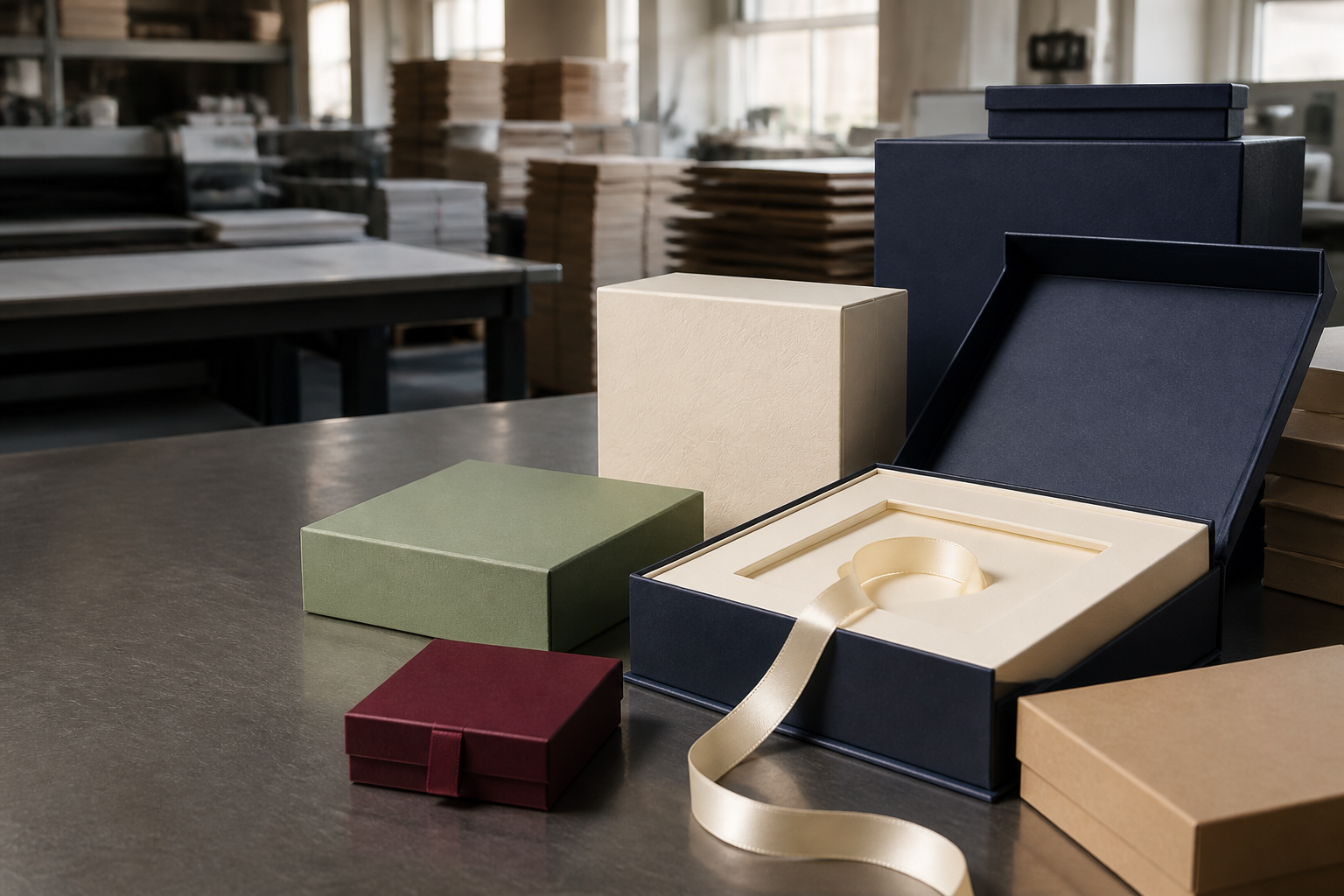 Premium paper gift boxes on a packaging worktable