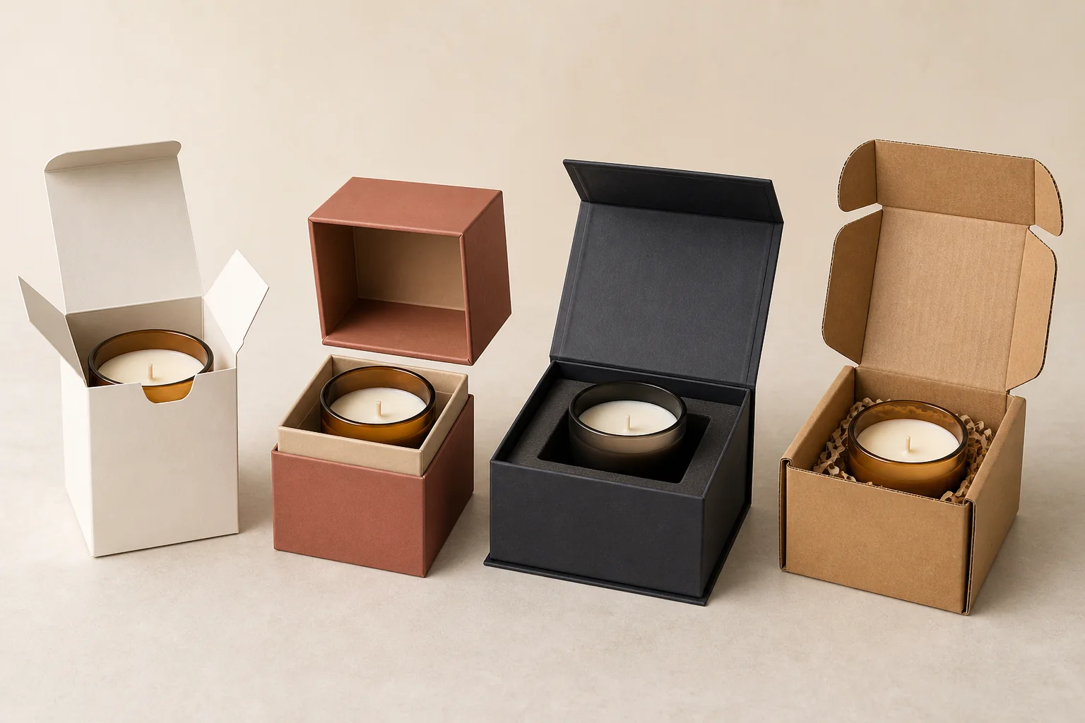 Lineup of folding carton, rigid, magnetic and corrugated candle packaging box formats