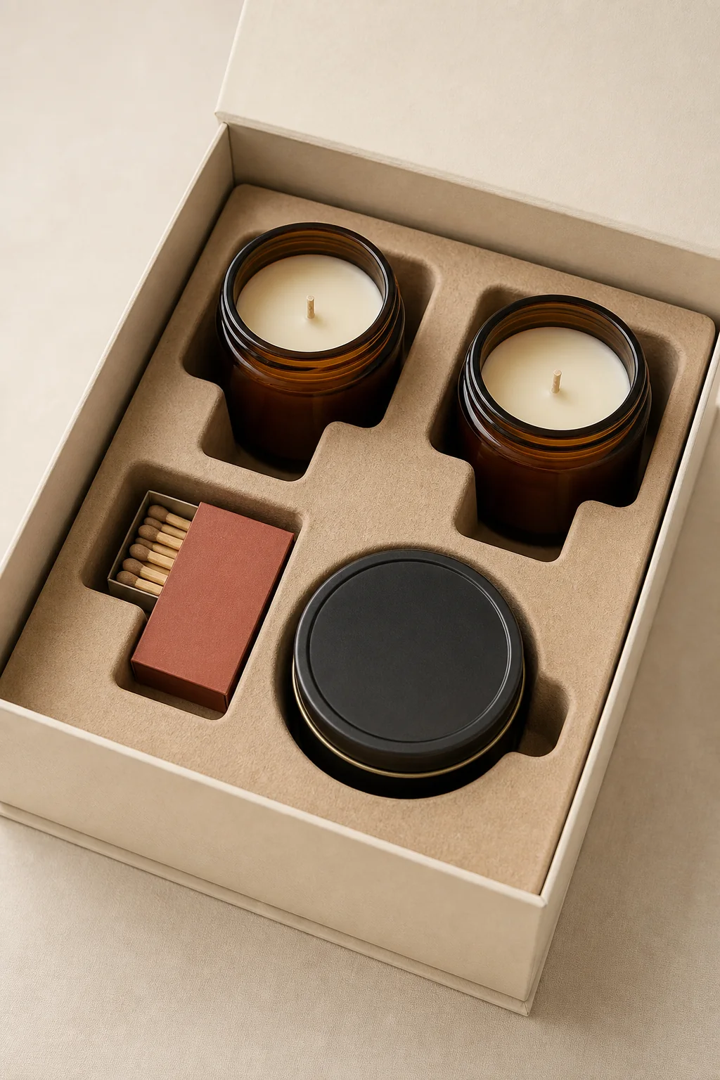 Custom candle box insert holding glass jar candles, a tin and matches