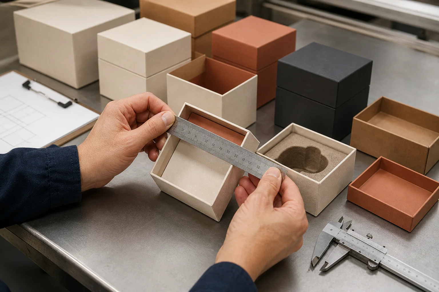 Factory quality control inspection of a custom candle packaging box and fitted insert