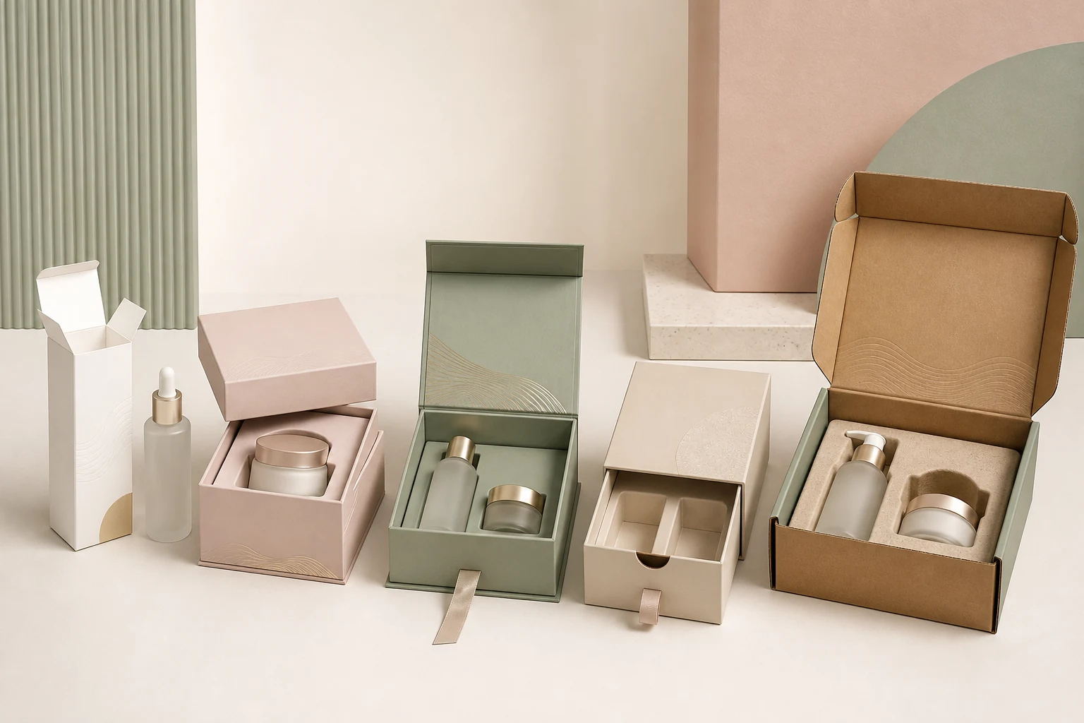 Lineup of folding carton, rigid, magnetic, drawer and mailer cosmetic packaging box formats