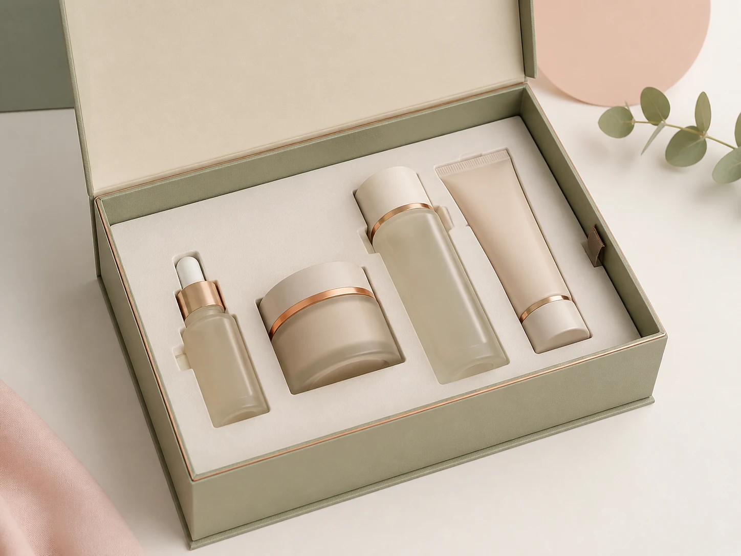 Custom cosmetic gift box with fitted insert for serum bottle, cream jar and cosmetic tube